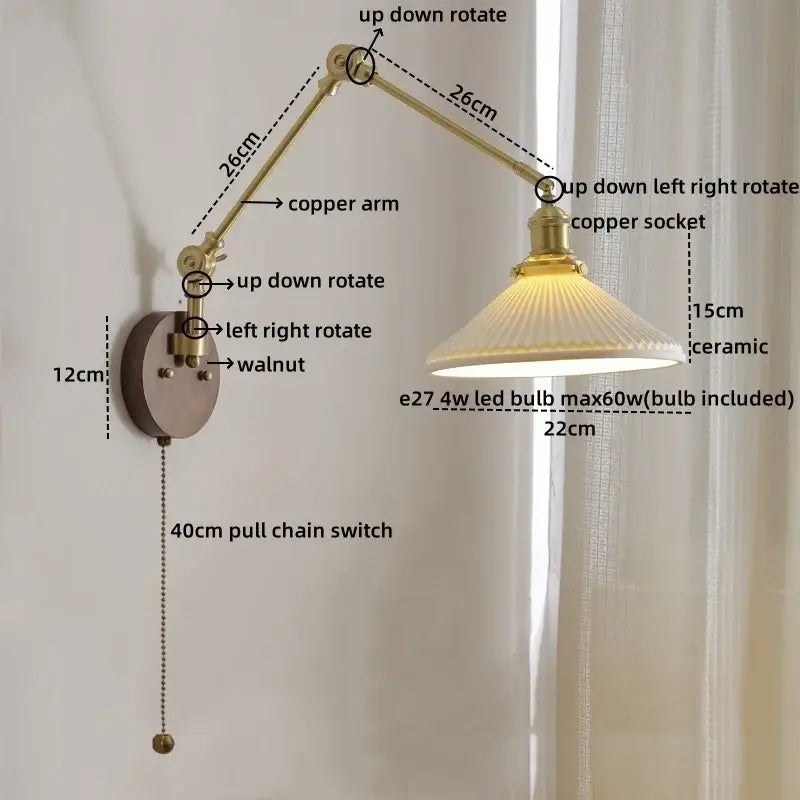 Modern walnut & brass led wall light bedroom glass sconce