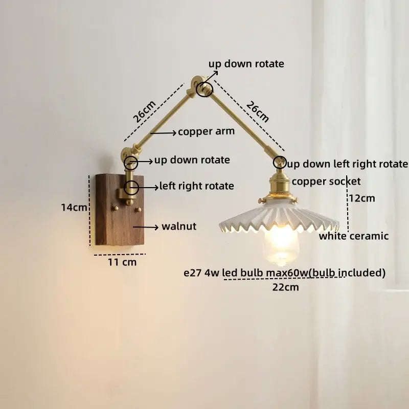 Modern walnut & brass led wall light bedroom glass sconce