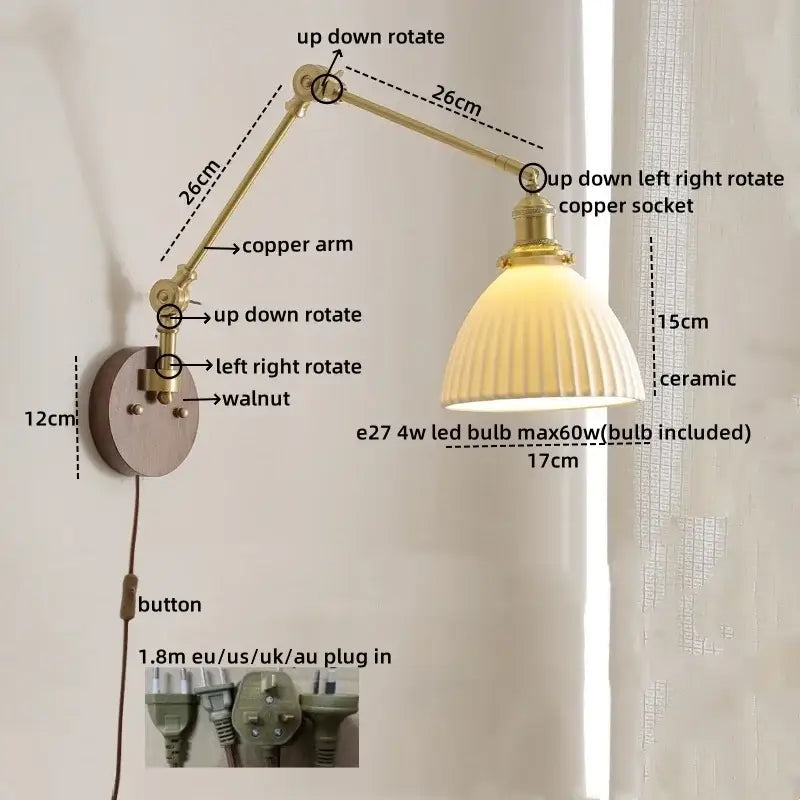 Modern walnut & brass led wall light bedroom glass sconce