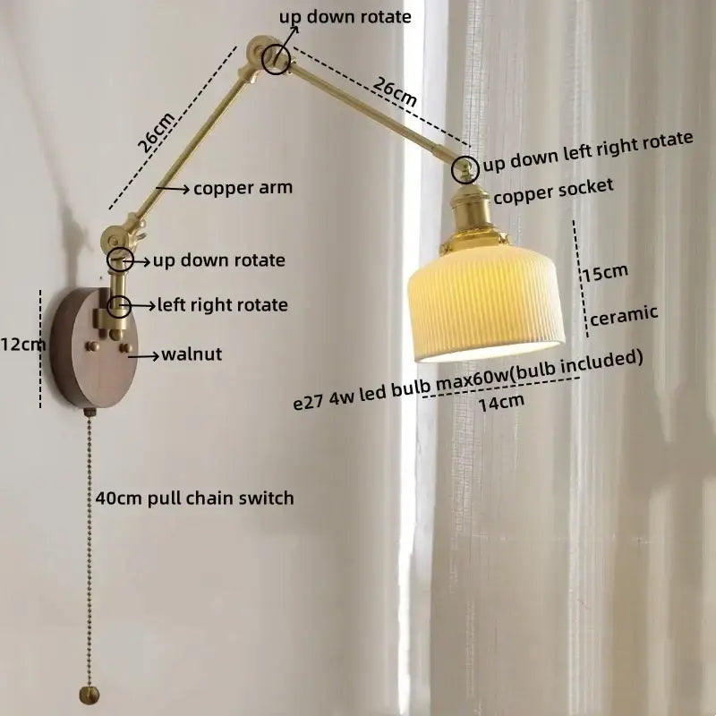 Modern walnut & brass led wall light bedroom glass sconce