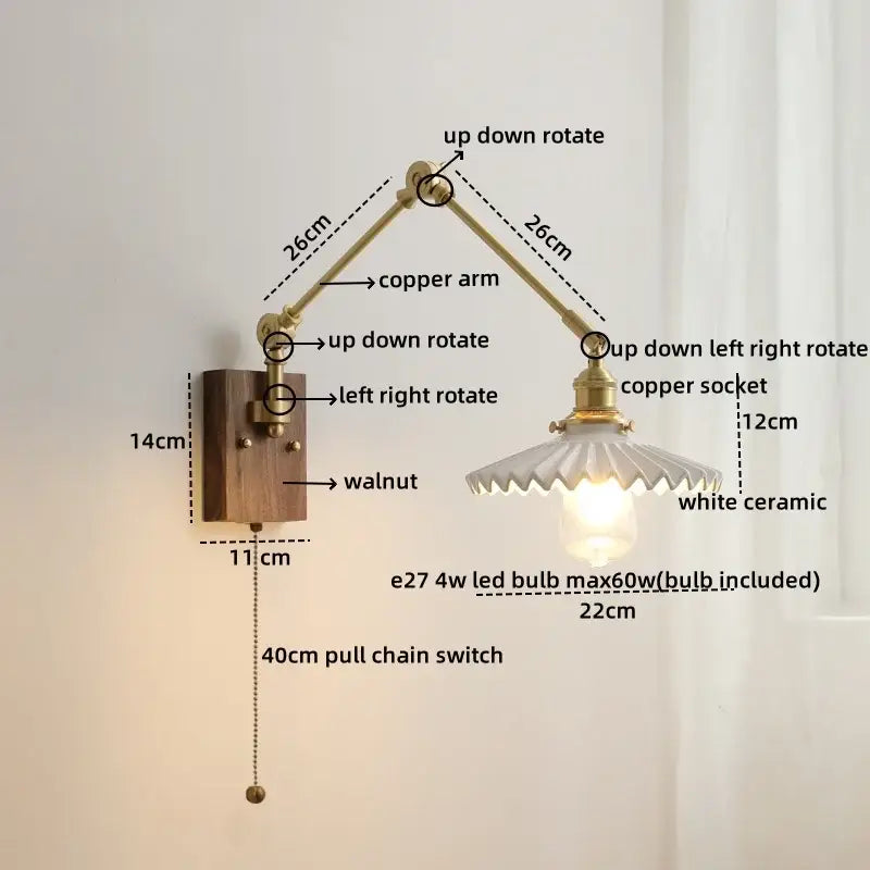 Modern walnut & brass led wall light bedroom glass sconce