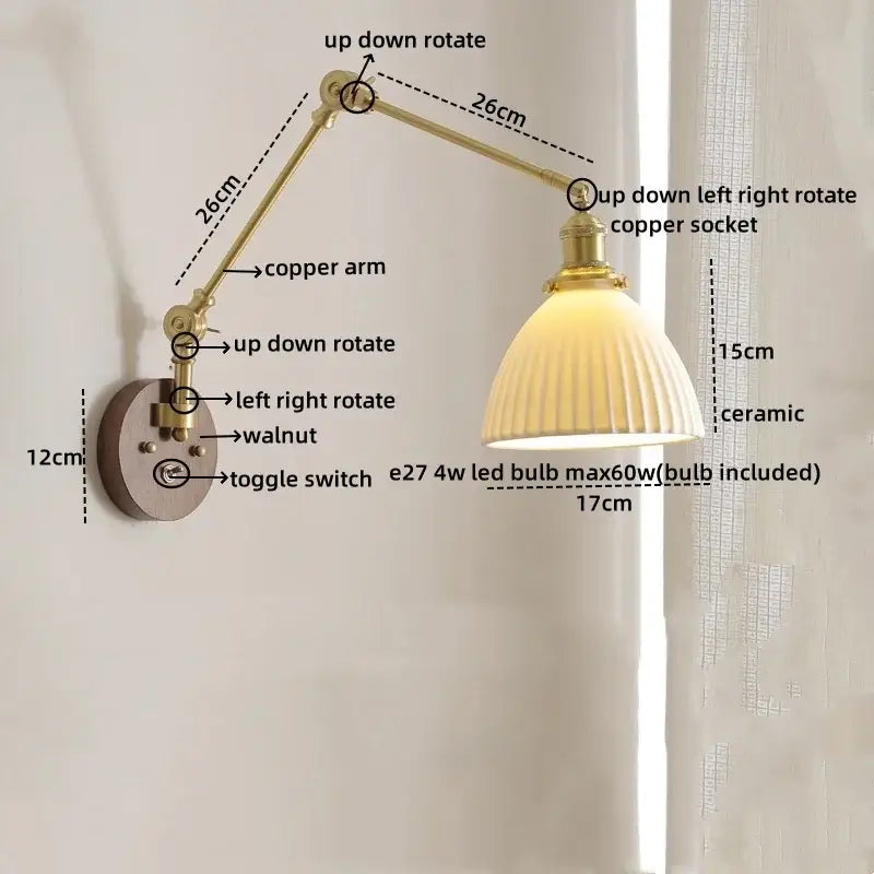 Modern walnut & brass led wall light bedroom glass sconce
