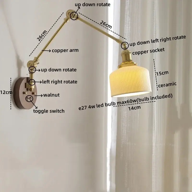 Modern walnut & brass led wall light bedroom glass sconce