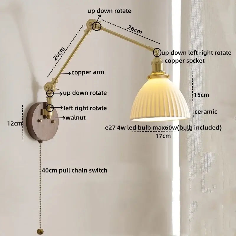 Modern walnut & brass led wall light bedroom glass sconce
