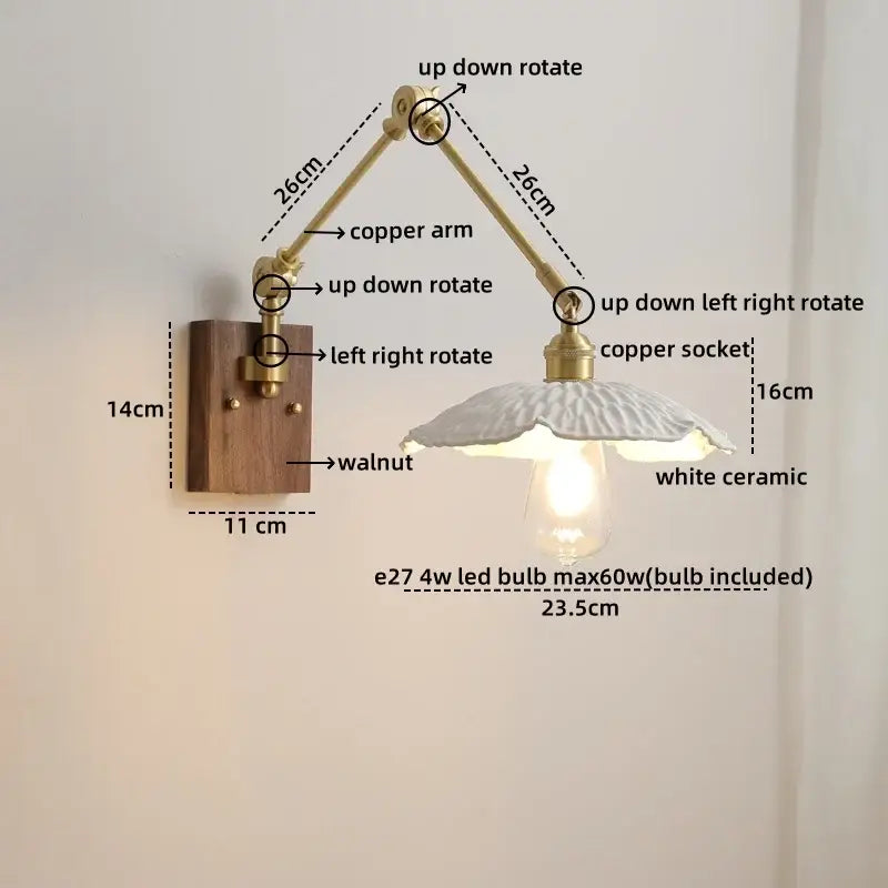 Modern walnut & brass led wall light bedroom glass sconce