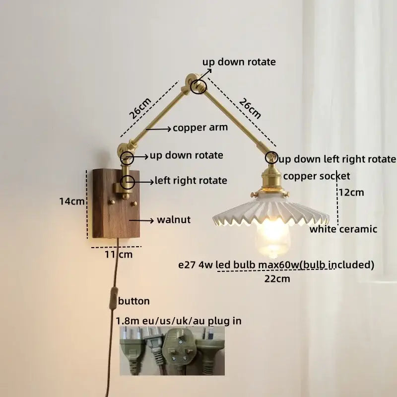 Modern walnut & brass led wall light bedroom glass sconce