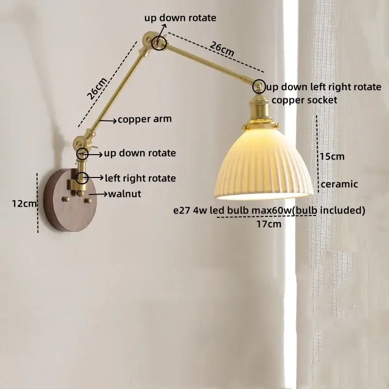 Modern walnut & brass led wall light bedroom glass sconce