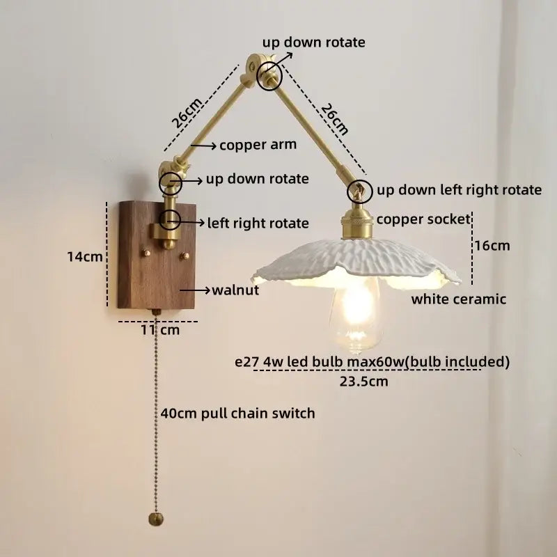 Modern walnut & brass led wall light bedroom glass sconce