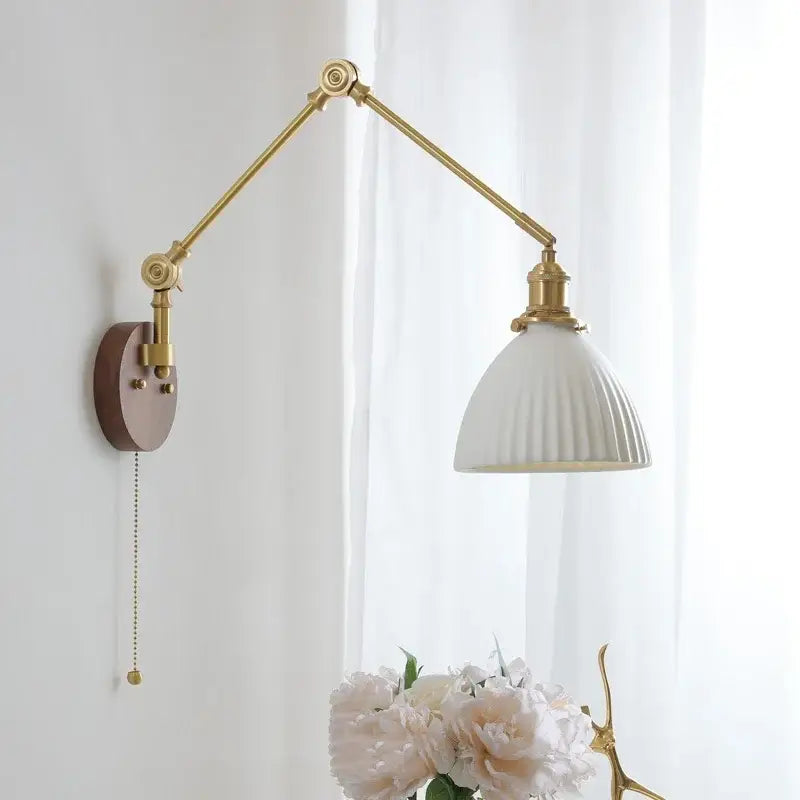 Modern walnut & brass led wall light bedroom glass sconce