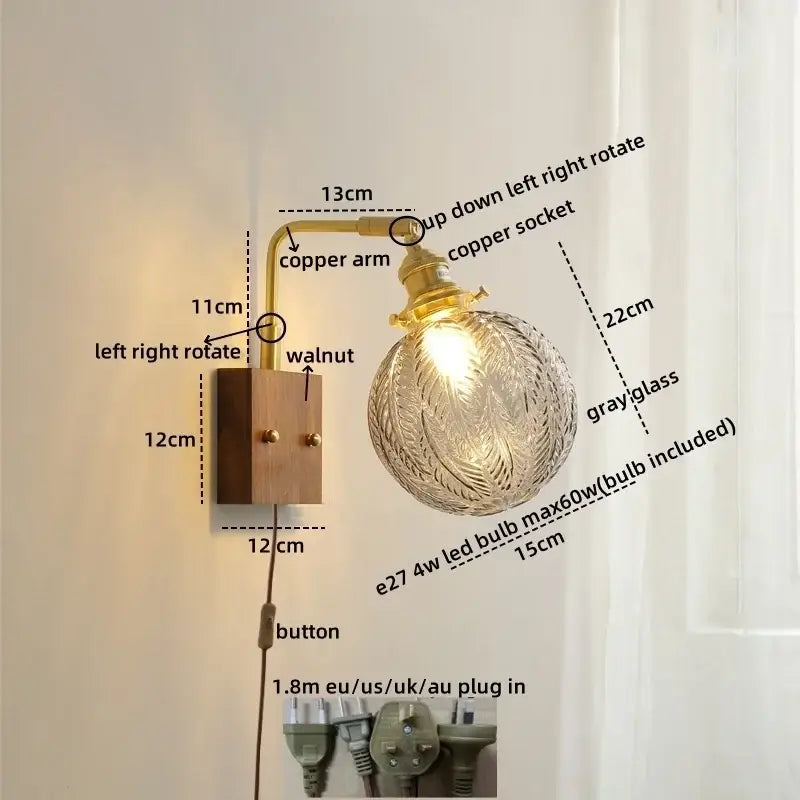 Modern walnut & copper clear glass wall sconce stair light