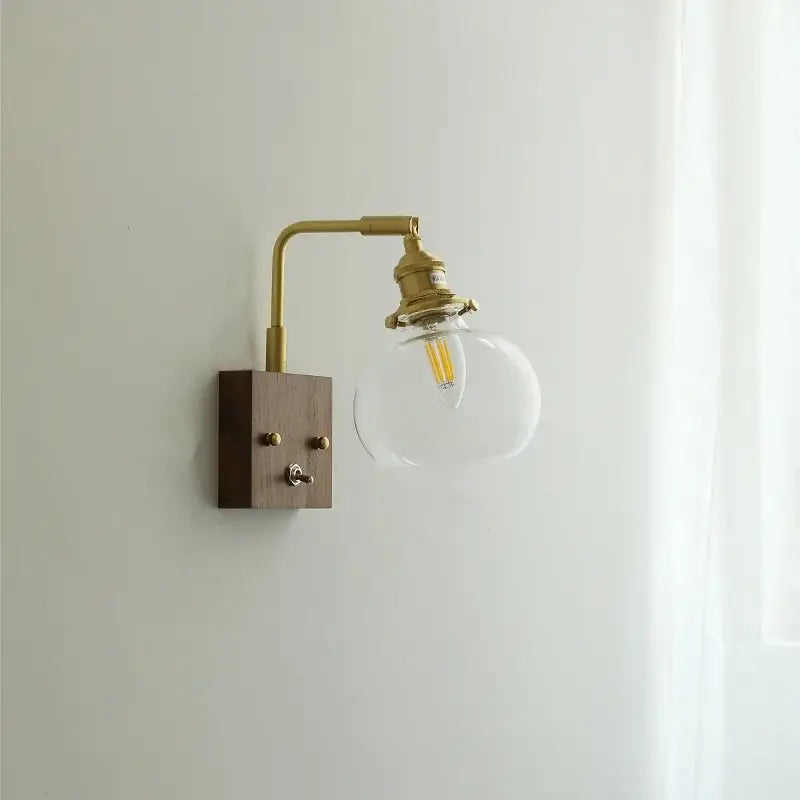 Modern walnut & copper clear glass wall sconce stair light