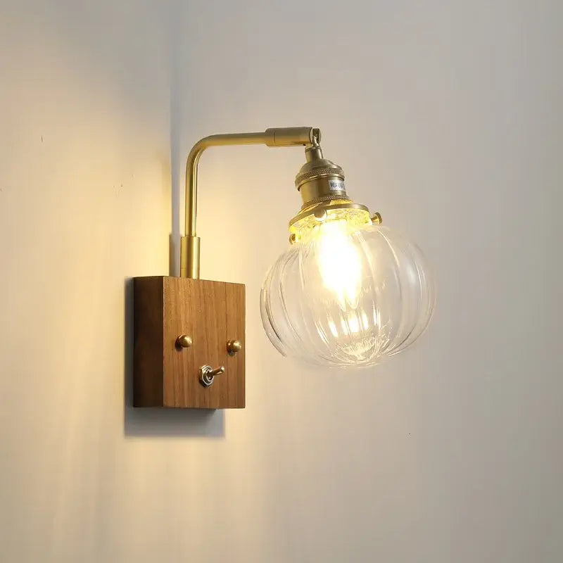 Modern walnut & copper clear glass wall sconce stair light