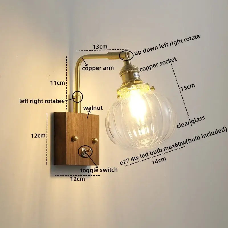 Modern walnut & copper clear glass wall sconce stair light