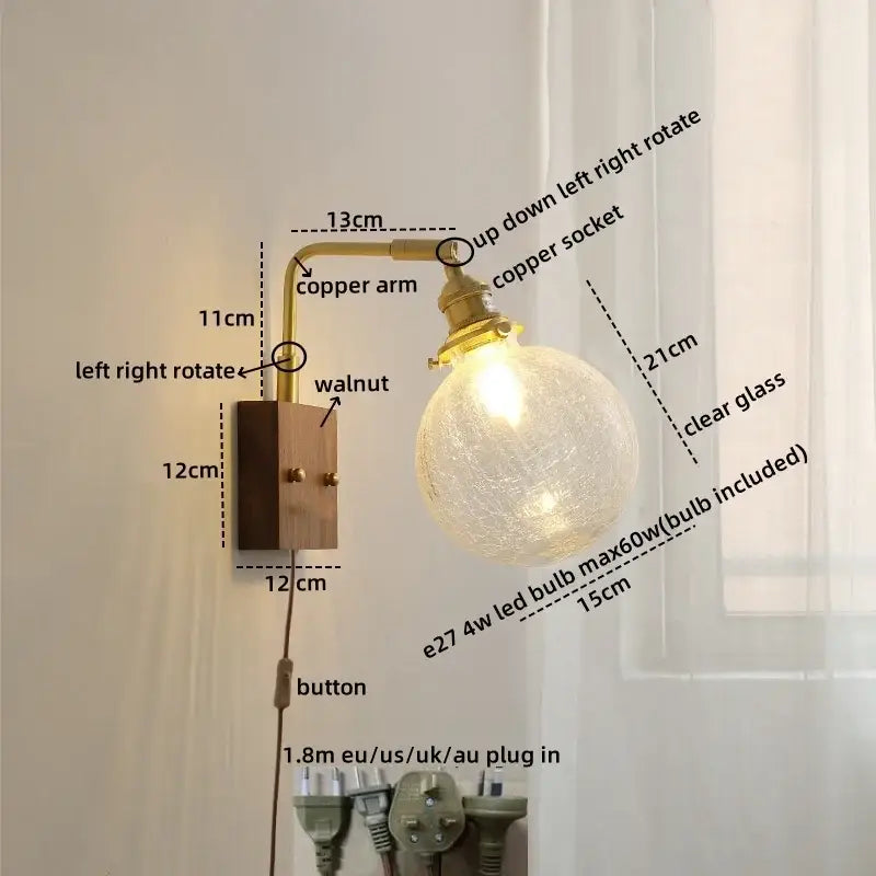 Modern walnut & copper clear glass wall sconce stair light