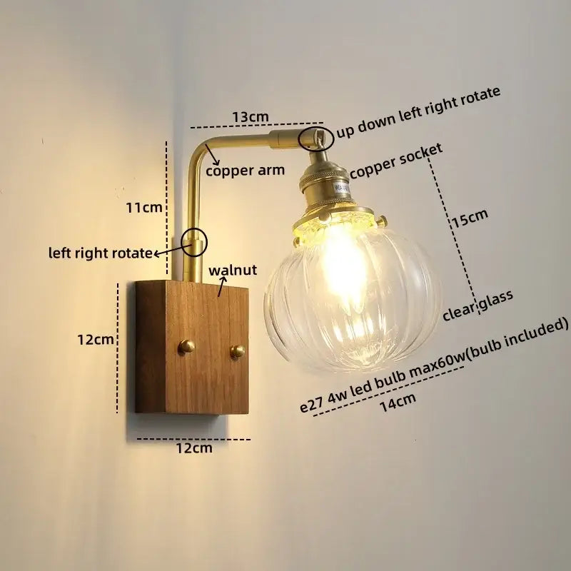 Modern walnut & copper clear glass wall sconce stair light