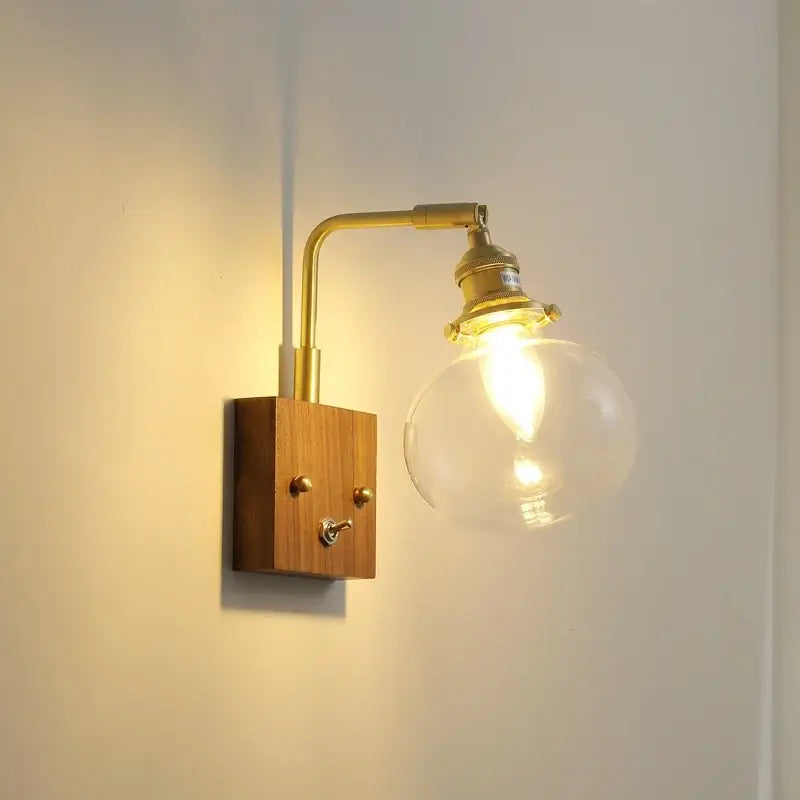 Modern walnut & copper clear glass wall sconce stair light