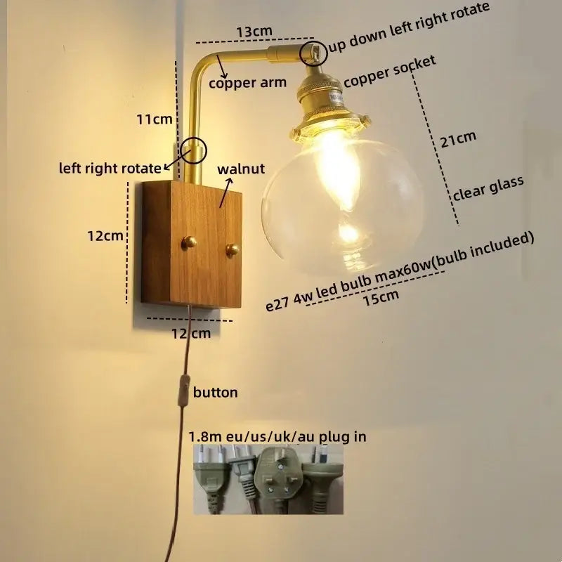 Modern walnut & copper clear glass wall sconce stair light