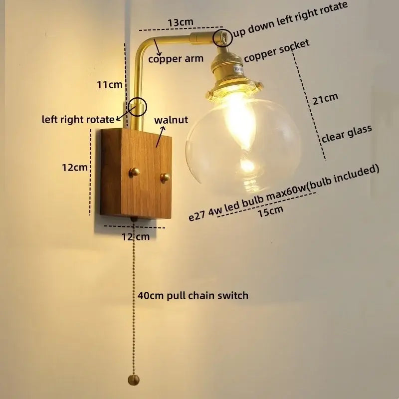Modern walnut & copper clear glass wall sconce stair light