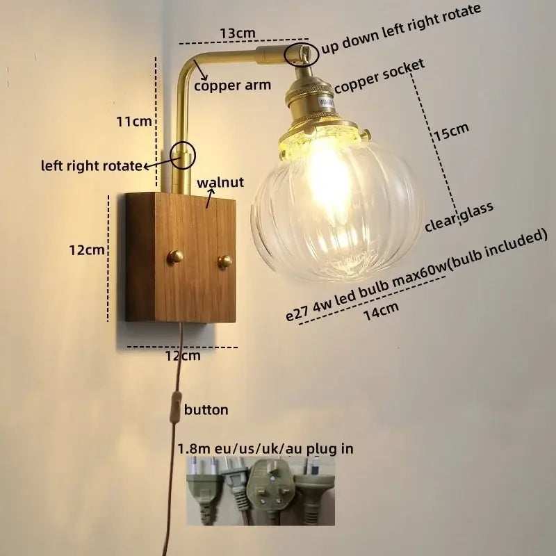 Modern walnut & copper clear glass wall sconce stair light