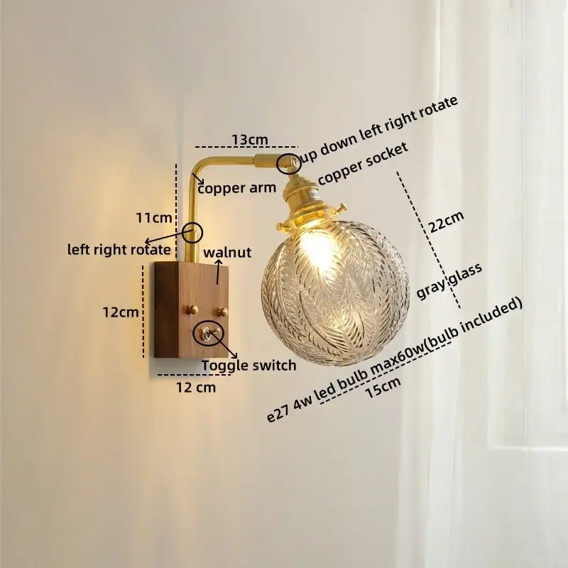 Modern walnut & copper clear glass wall sconce stair light