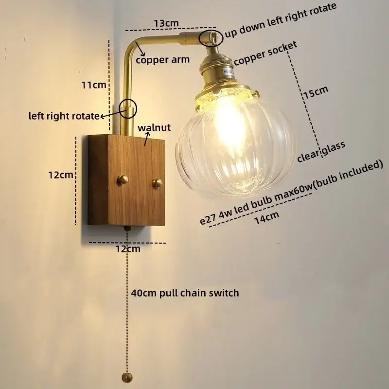 Modern walnut & copper clear glass wall sconce stair light