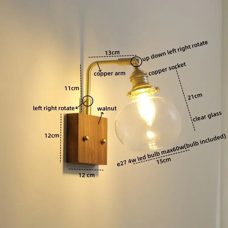 Modern walnut & copper clear glass wall sconce stair light