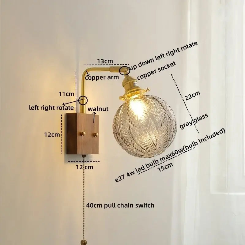Modern walnut & copper clear glass wall sconce stair light