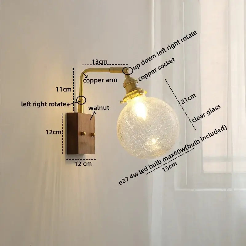 Modern walnut & copper clear glass wall sconce stair light