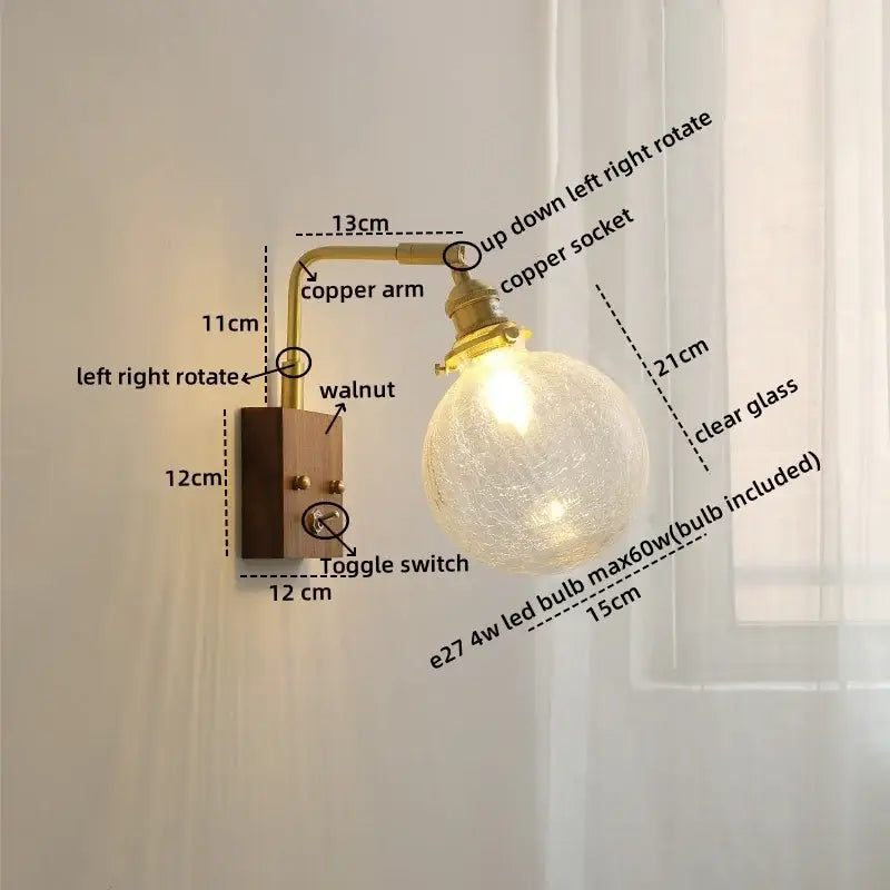 Modern walnut & copper clear glass wall sconce stair light