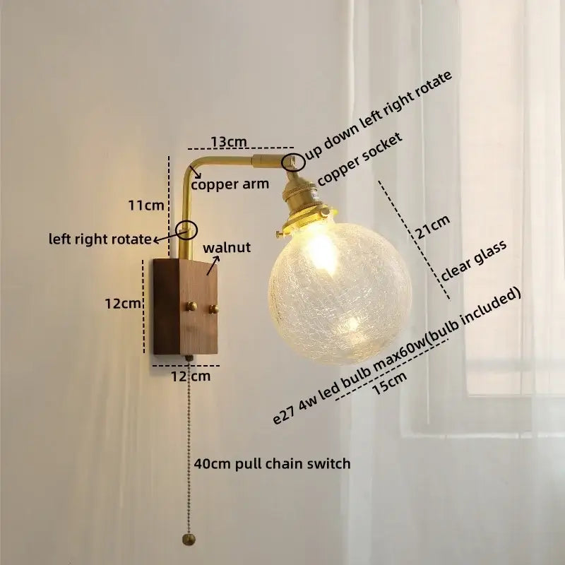 Modern walnut & copper clear glass wall sconce stair light