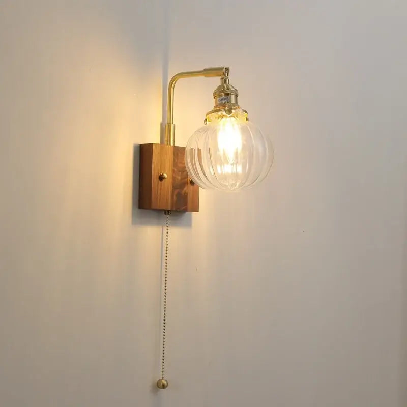 Modern walnut & copper clear glass wall sconce stair light