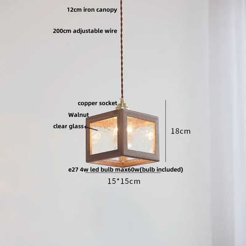 Modern walnut wood and clear glass cube pendant light dining room