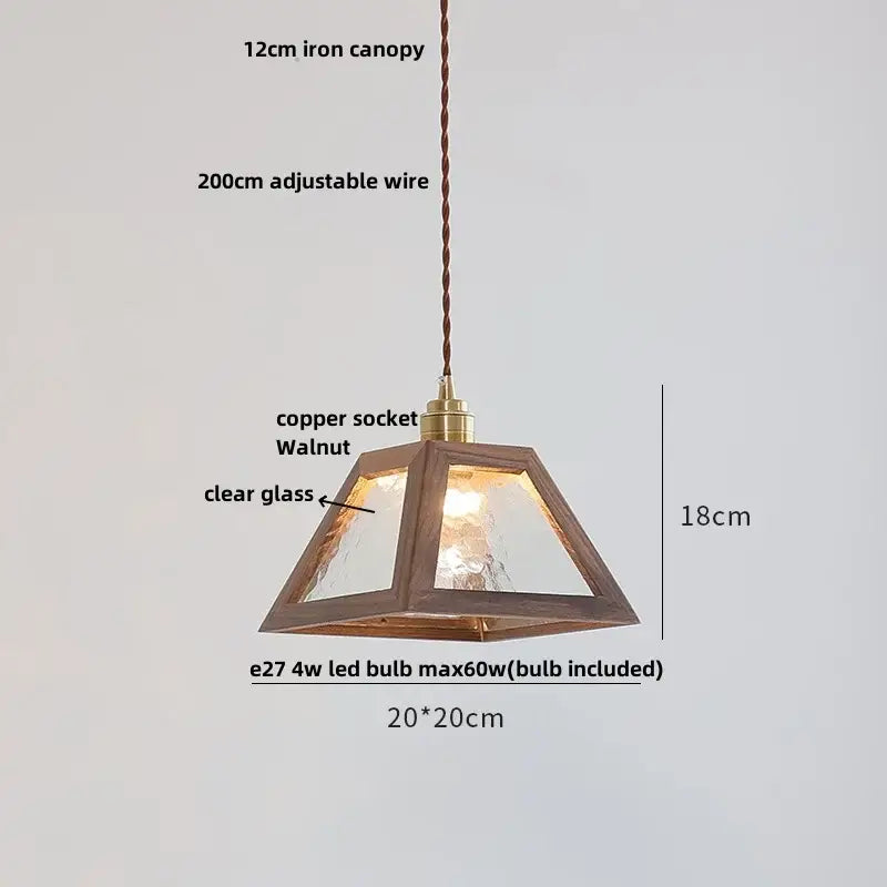 Modern walnut wood and clear glass cube pendant light dining room