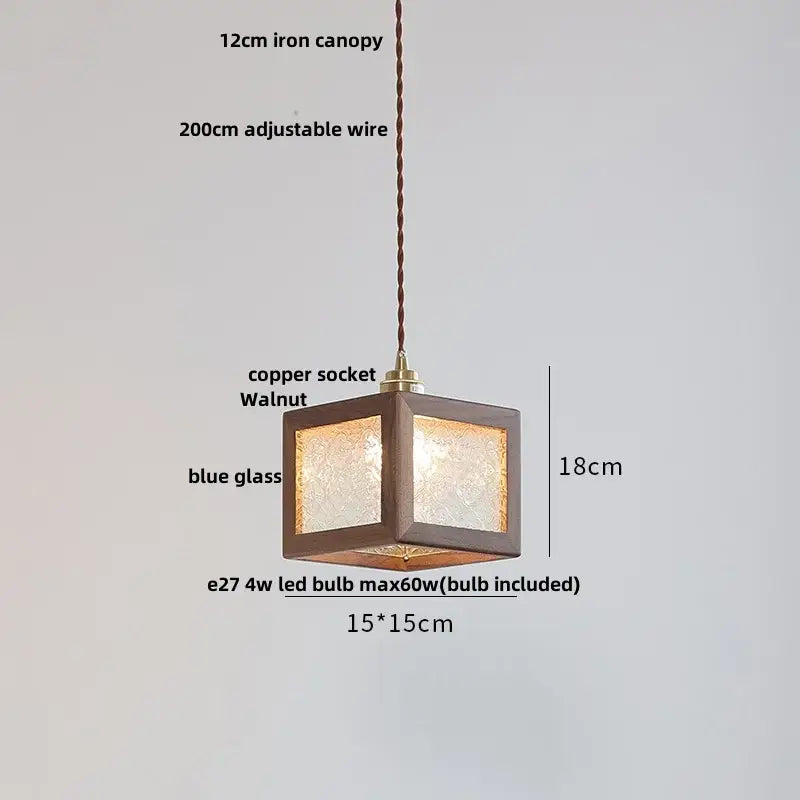Modern walnut wood and clear glass cube pendant light dining room