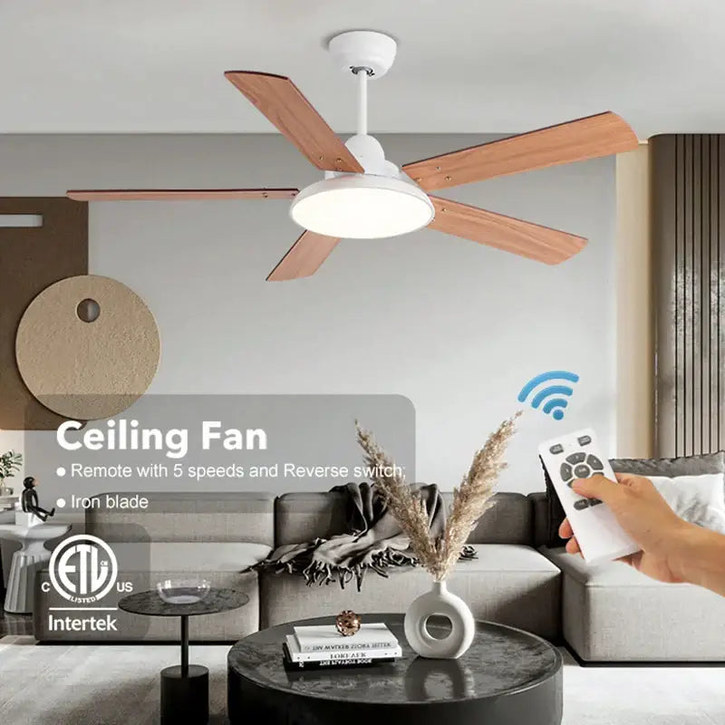 Modern white 5 blade wooden ceiling fan light bedroom with remote