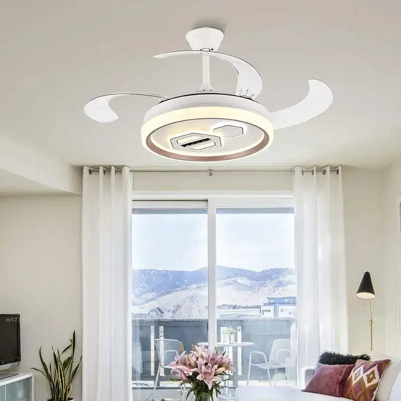 Modern white adjustable blade ceiling fan – living room led light