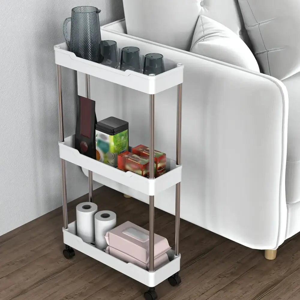Modern white and chrome rolling utility cart bathroom storage rack