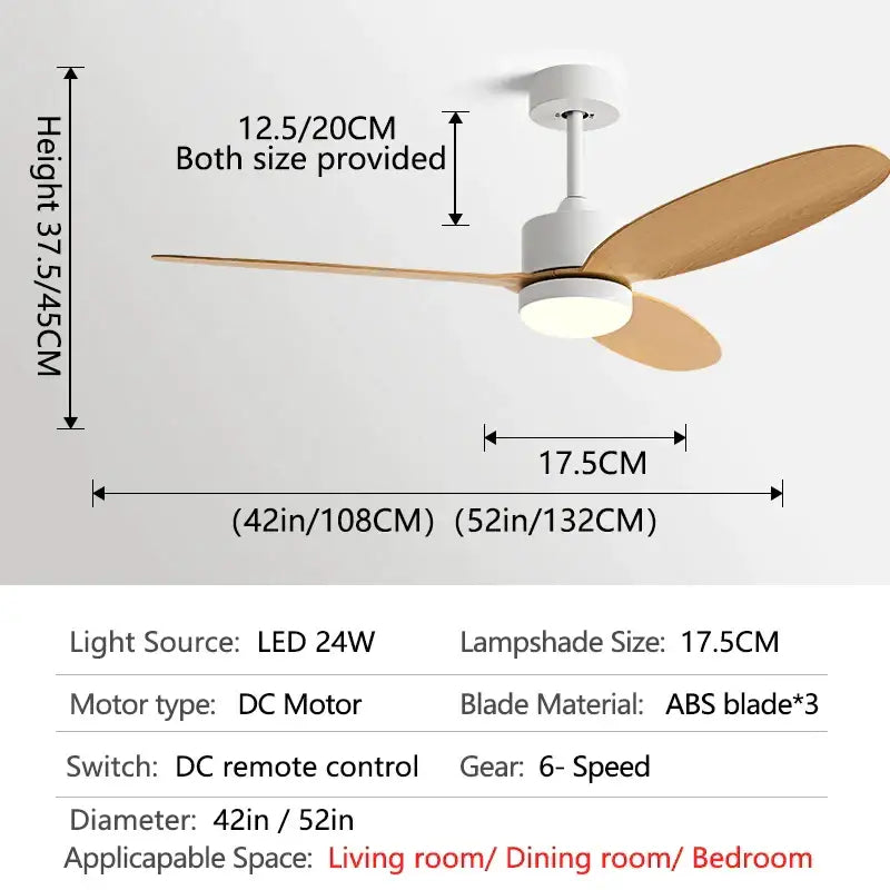 Modern white and light wood dc ceiling fan for dining room remote control