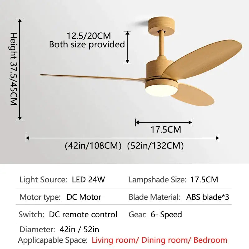 Modern white and light wood dc ceiling fan for dining room remote control