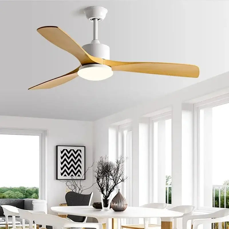Modern white and wood blade dc ceiling fan with led light bedroom