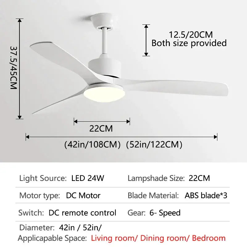 Modern white and wood blade dc ceiling fan with led light bedroom