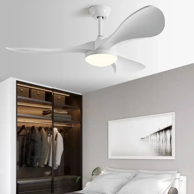 Modern white and wood ceiling fan living room led light