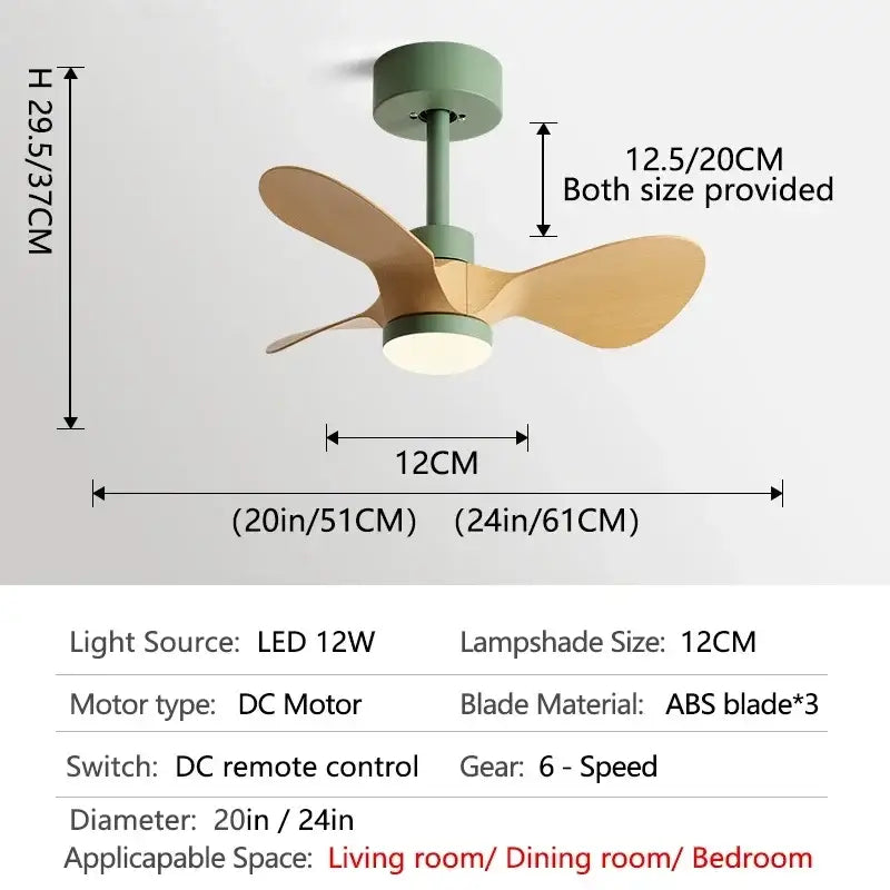 Modern white and wood mini ceiling fan bedroom led light