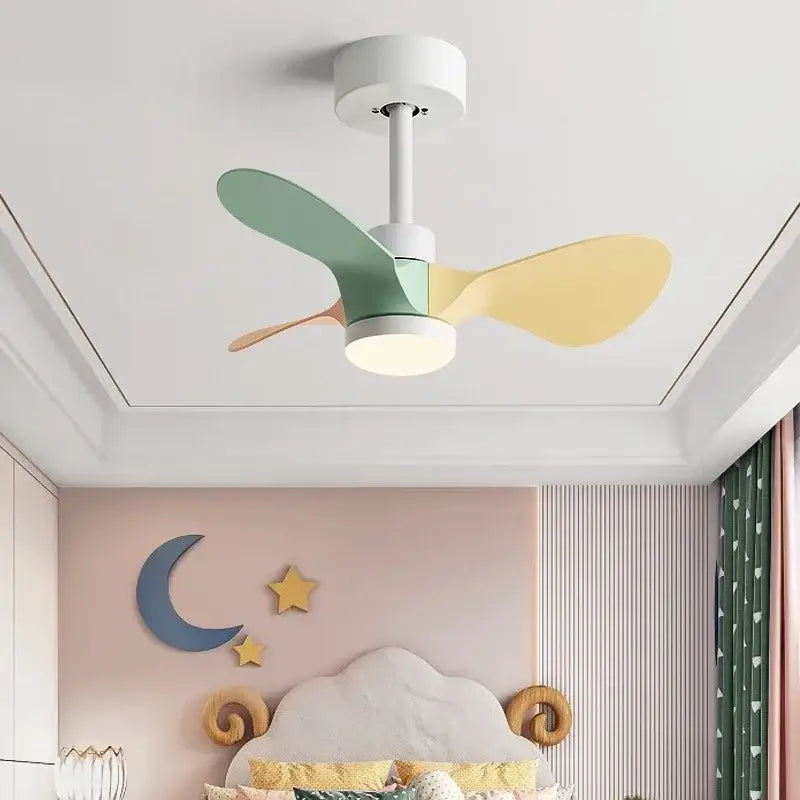 Modern white and wood mini ceiling fan bedroom led light
