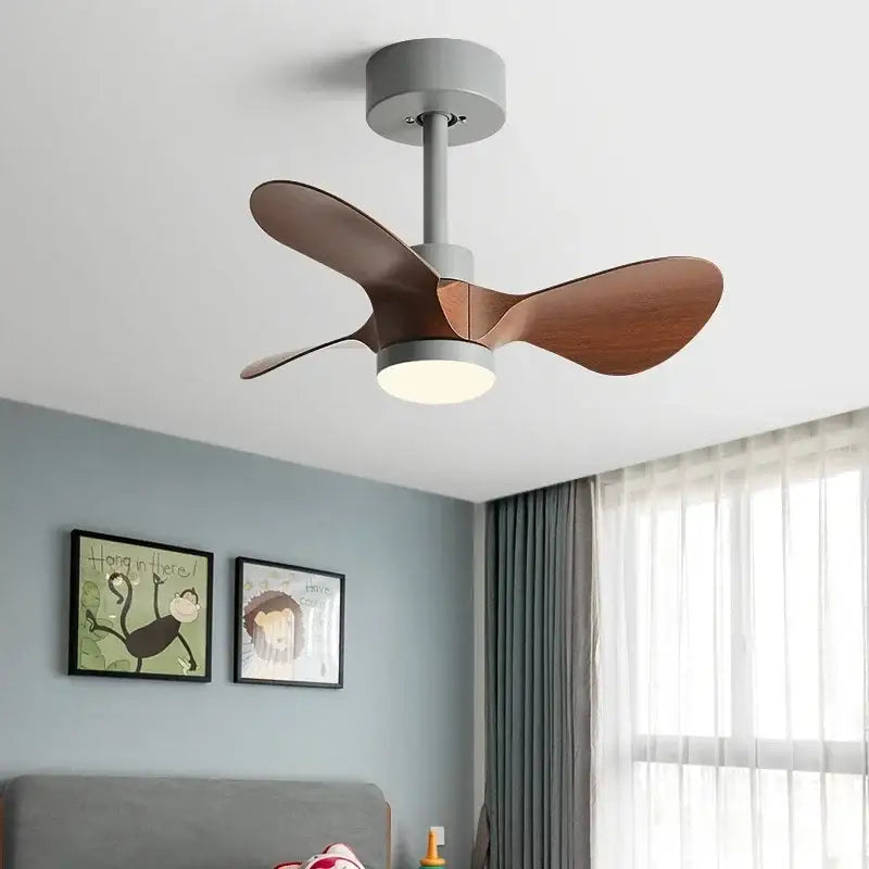 Modern white and wood mini ceiling fan bedroom led light