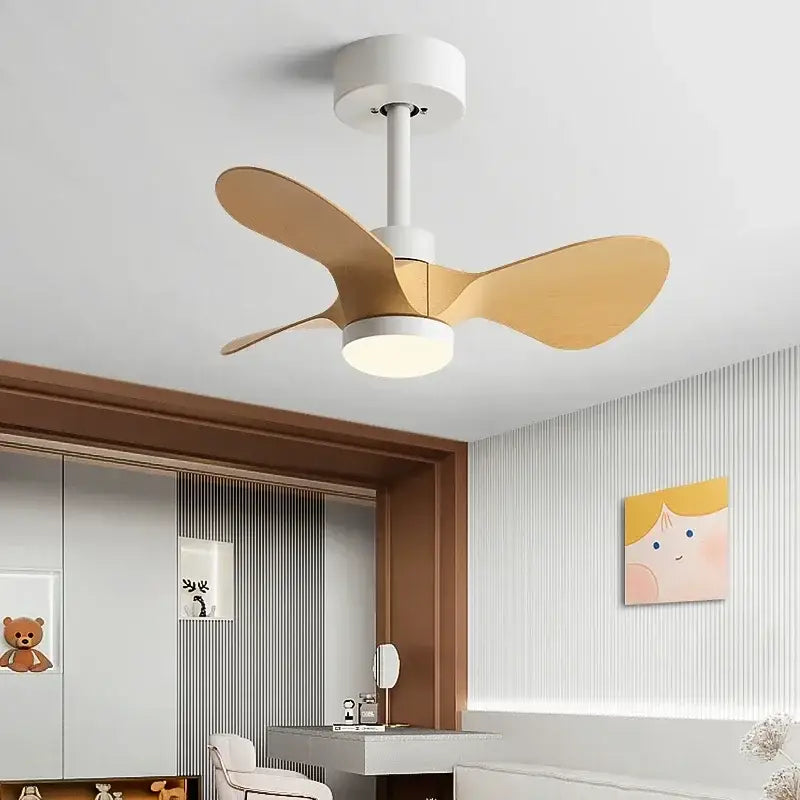 Modern white and wood mini ceiling fan bedroom led light