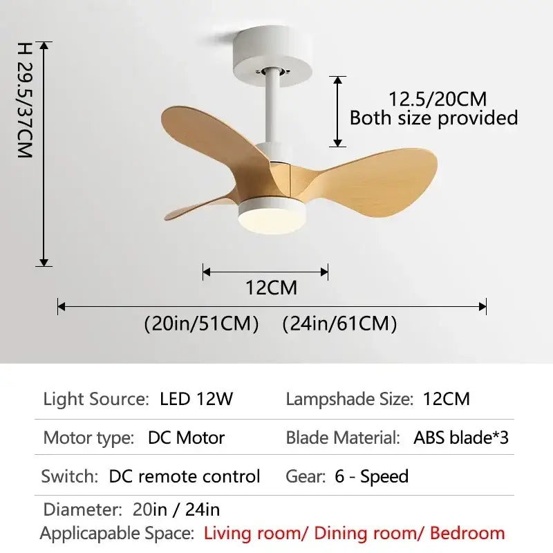 Modern white and wood mini ceiling fan bedroom led light