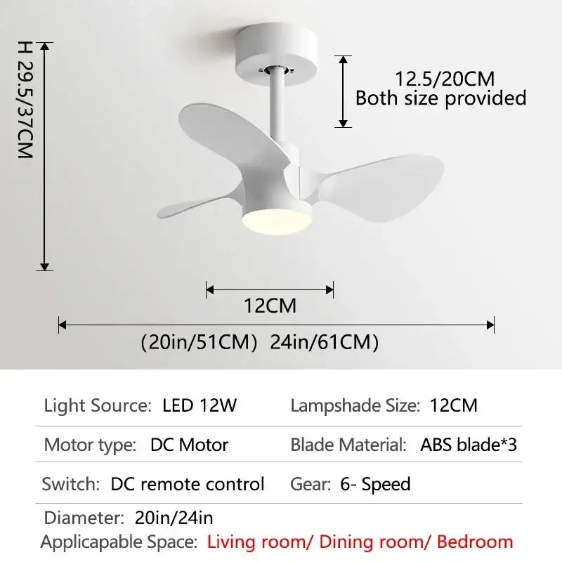Modern white and wood mini ceiling fan bedroom led light