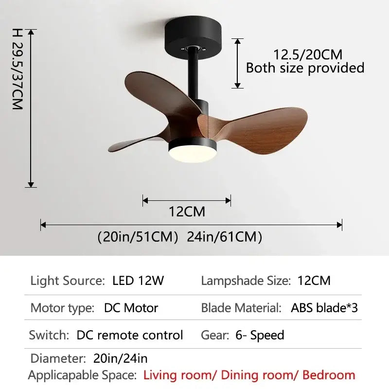 Modern white and wood mini ceiling fan bedroom led light