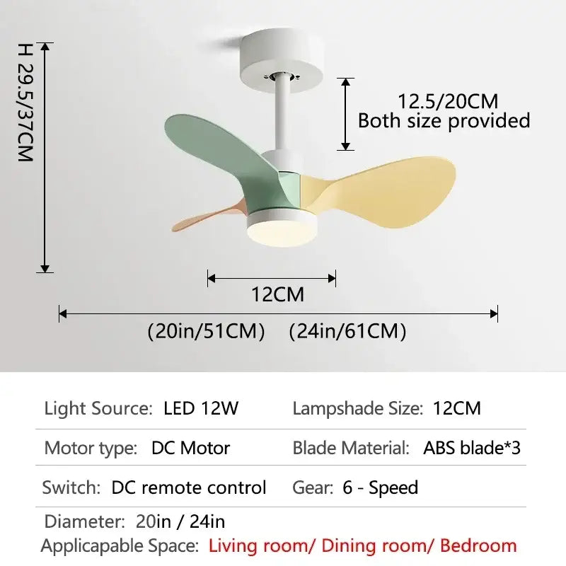 Modern white and wood mini ceiling fan bedroom led light